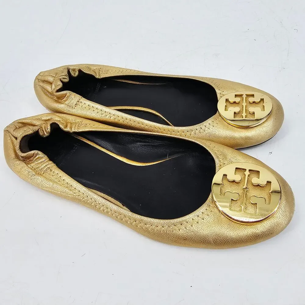 Tory Burch Minnie Gold Leather ballet flat Shoes gold logo medallion Women's 9